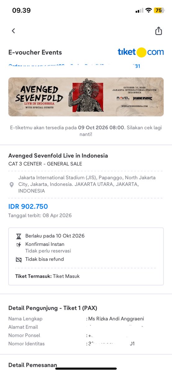 sunoftheson's tweet photo. WTS WANT TO SELL Avenged Sevenfold Live In Indonesia 

🎫 CAT 3 - General Sale (1 tickets)
✨fullpay (bisa DP)
✨100% trusted, tiket pribadi ( war sendiri)
✨dijual karena mau nonton 5SOS 
📩 DM for further info!

#wts #a7x #konserindonesia #infokonser  #avengedsevenfold https://t.co/TrpzQH7BjN
