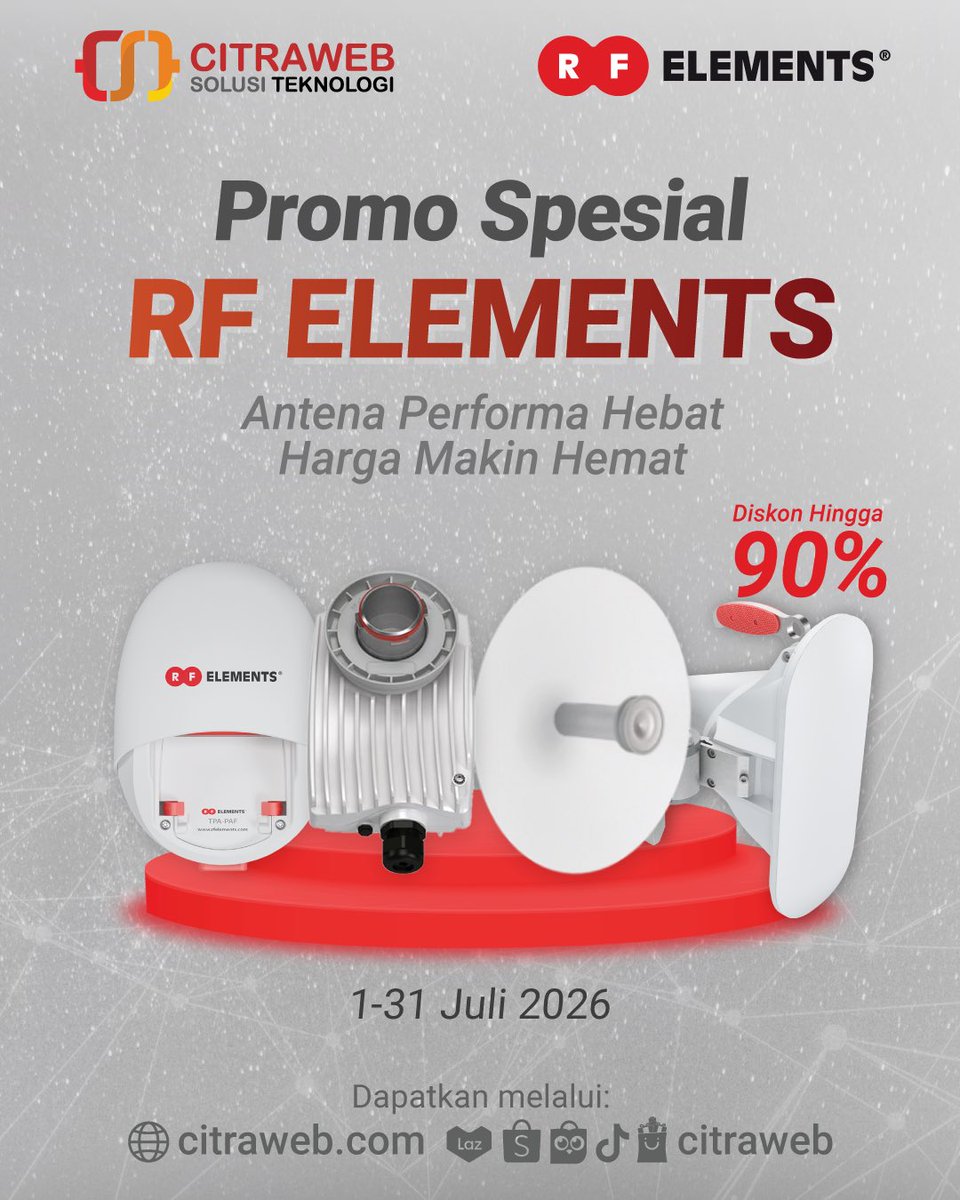 mikrotik_id's tweet photo. 📡Promo antenna wireless outdoor RF elements® untuk jangkauan antena hebat dengan harga diskon hingga 90% pada periode 🗓1 - 31 Juli 2026 melalui website & marketplace Citraweb
🛒https://t.co/VQQI4c8hCo
#PromoAntenna #RFelements #WirelessNetworks #Citraweb #NetworkEngineer https://t.co/JEMwvbvI88