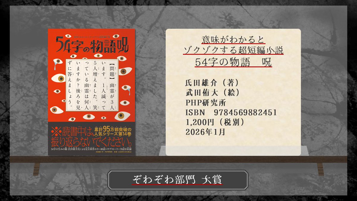 こわいほん大賞 「ぞわぞわ部門」大賞に 『54字の物語 呪（のろい