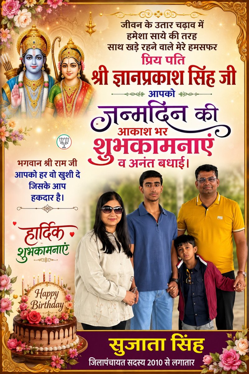 sujata305's tweet photo. जीवन के उतार चढ़ाव में हमेशा साये की तरह साथ खड़े रहने वाले मेरे हमसफर प्रिय पति श्री ज्ञानप्रकाश सिंह जी आपको जन्मदिन की आकाश भर शुभकामनाएं व अनंत बधाई। 
भगवान श्री राम जी आपको हर वो खुशी दे जिसके आप हकदार है। 
#happybirthday 
#bestwishes 
#Gyanprakashsingh 
#sujatasingh https://t.co/IbUJFQ1plt