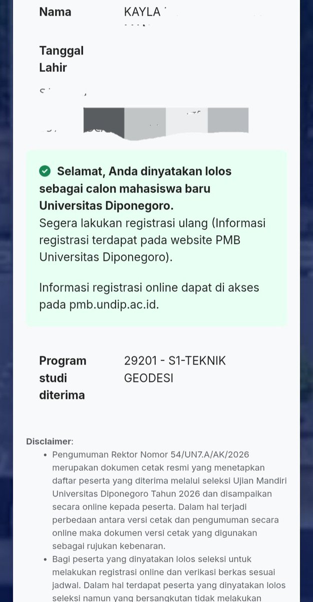 KaylaC91511's tweet photo. PUJI TUHAN!! Beneran ga percaya tahun ini dikasi kesempatan masuk PTN🥹🥹 thankyou fk unri dan geodesi undip💕💕

terimakasii smmptn barat🫰🏻 https://t.co/pOtCNyvn57