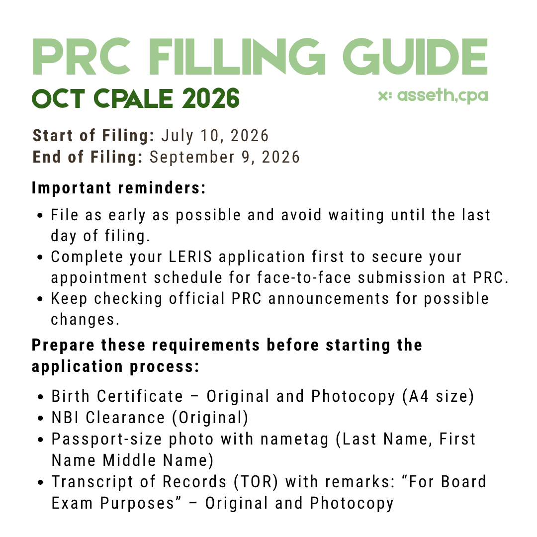 AssethCPA's tweet photo. PRC FILING GUIDE💚

CPALE October 2026 takers, this guide is here to help make your application process easier and more organized.

https://t.co/vbZODTcDTD https://t.co/SOvxZaBzBu