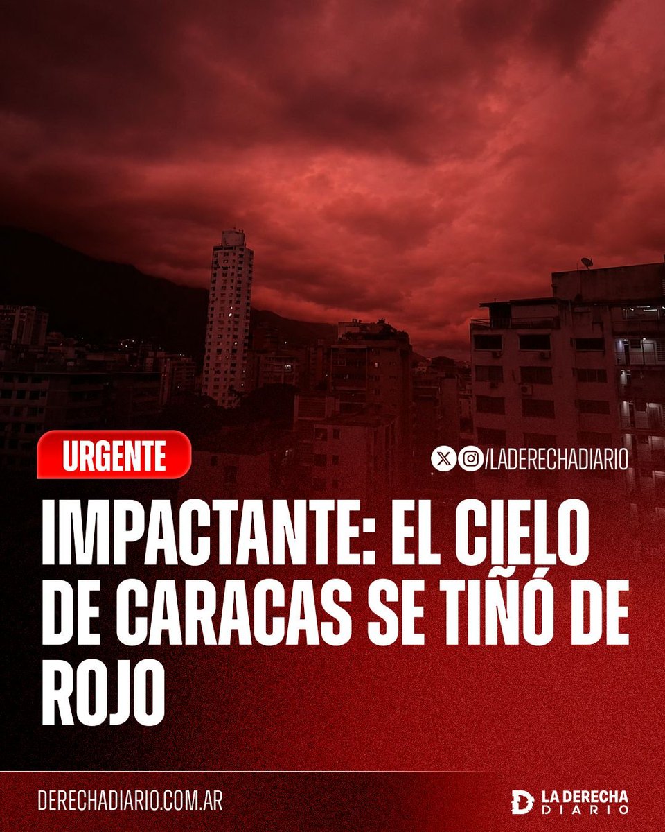 laderechadiario's tweet photo. 🚨🇻🇪 | IMPACTANTE: El cielo de Caracas se tiñó de rojo pocos días después de los devastadores terremotos que sacudieron Venezuela, provocado por la gran cantidad de partículas y polvo en suspensión que quedaron en la atmósfera tras el desastre. https://t.co/uNozDrEZ5L