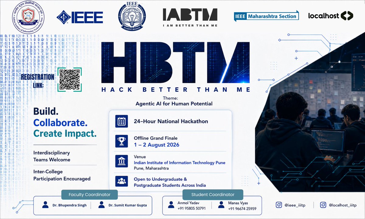 IIIT_Pune's tweet photo. The #IEEE Student Branch at @IIIT_Pune in collaboration with #IABTM, IEEE Maharashtra Section & #localhost proudly presents #HBTM: a 24 Hour National #Hackathon on 1st and 2nd August 2026 at @IIIT_Pune.
Coders, designers, dreamers : this one's for you. https://t.co/xbNufnJZLO