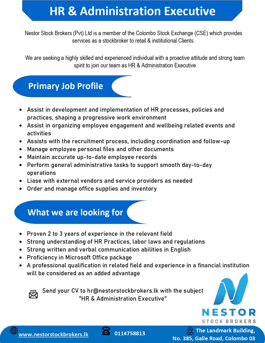 nestorstocks's tweet photo. 📢𝓦𝓮 𝓪𝓻𝓮 𝓗𝓲𝓻𝓲𝓷𝓰- HR &amp; Administration Executive

📧𝖲𝖾𝗇𝖽 𝗒𝗈𝗎𝗋 𝖢𝖵 𝗍𝗈 𝗁𝗋@𝗇𝖾𝗌𝗍𝗈𝗋𝗌𝗍𝗈𝖼𝗄𝖻𝗋𝗈𝗄𝖾𝗋𝗌.𝗅𝗄 𝗐𝗂𝗍𝗁 𝗍𝗁𝖾 𝗌𝗎𝖻𝗃𝖾𝖼𝗍 "HR &amp; Administration Executive" https://t.co/qtiQDiEIGX