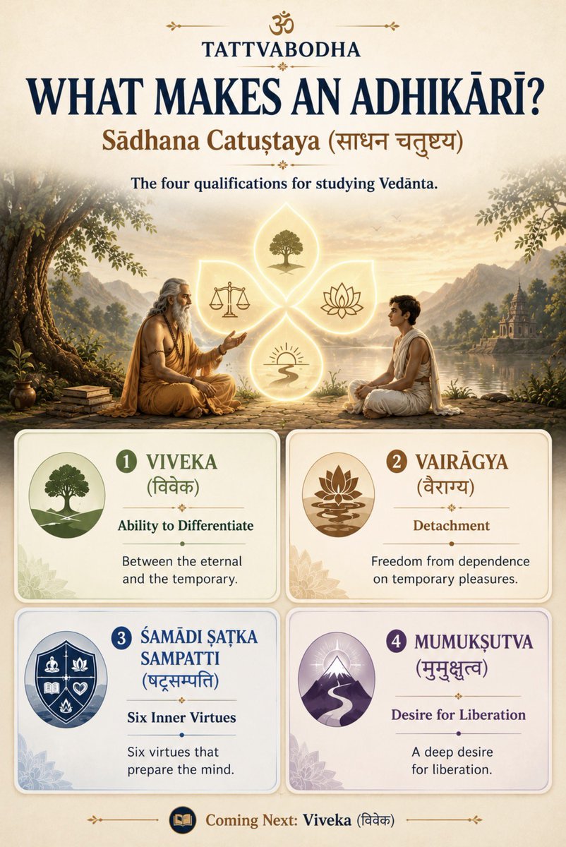 sanatana_wisdom's tweet photo. What makes someone qualified to study Vedānta?

The answer begins with four qualifications.

🕉️

#Vedanta #Tattvabodha #AdvaitaVedanta #SanatanaDharma https://t.co/cNWxZr5cYl