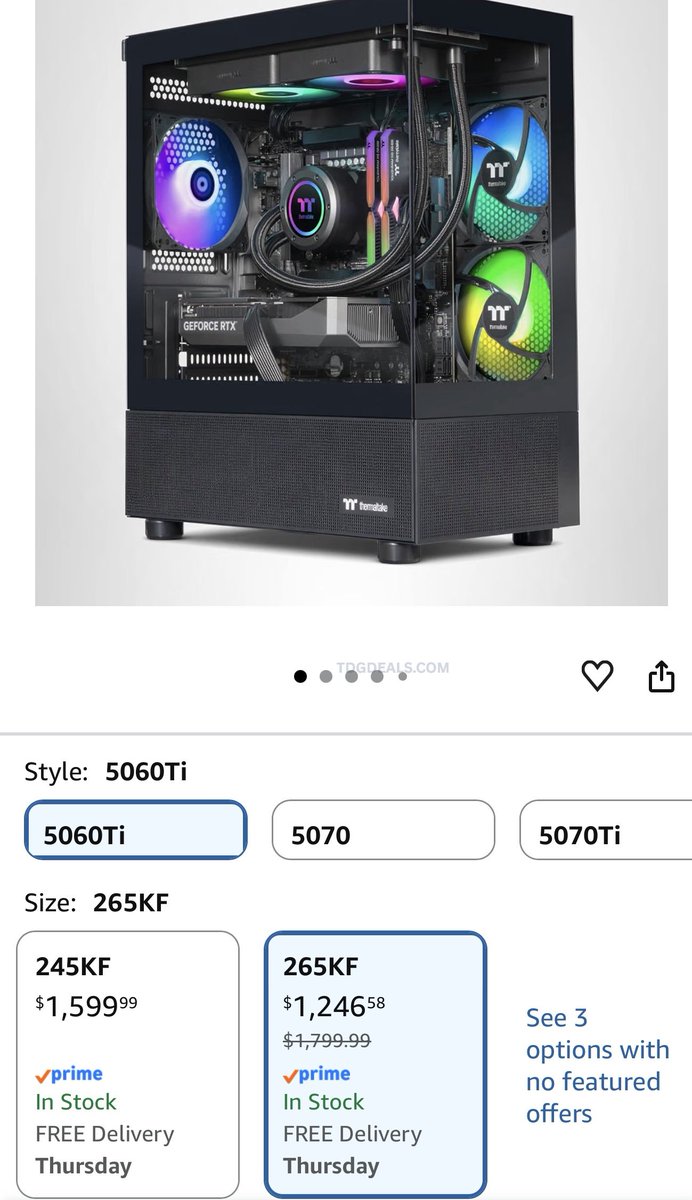 primedropper's tweet photo. Lowest price in the past 365 days! 🔥

This Thermaltake Gaming PC is down to $1,246.58 (was $1,799.99).

Specs:
• Intel Core Ultra 7 265KF
• GeForce RTX 5060 Ti
• 32GB DDR5 RAM
• 2TB NVMe SSD
• Liquid Cooling

Grab it here:
https://t.co/KPbLOFCjuH

#ad https://t.co/PeblJ0HYEX
