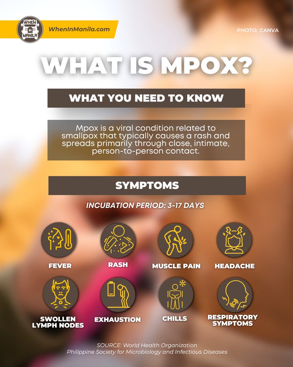 WhenInManila's tweet photo. Mpox Update: What You Need to Know

Following the recent Mpox case confirmed in Mandaluyong City, staying informed is our best defense.

Swipe through to understand how the virus spreads, the key symptoms to watch for, and the actionable steps you can take to stay safe. https://t.co/RaF1Jy8hSC