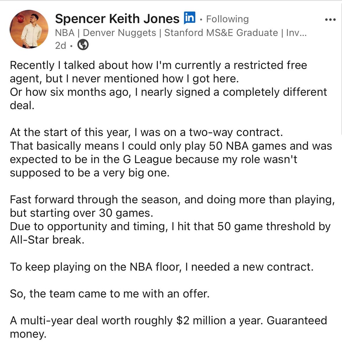 HarrisonWind's tweet photo. Spencer Jones says he turned down a $2M per year guaranteed contract offer by the Nuggets after his 2-way contract expired. It would have been a multi-year deal. Now he says he’s negotiating a deal that would be more than double what that deal was worth. https://t.co/viAULTQTQU
