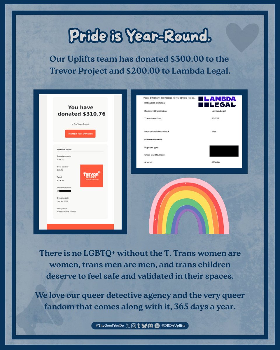 DBDAUplifts's tweet photo. In response to today's US Supreme Court decision, our Uplifts team has donated $300 to the Trevor Project and $200 to Lambda Legal.

LGBTQ+ Pride doesn't end in June; it's year-round. Queer representation matters &amp; we'll always fight for it. 🏳️‍🌈

#DeadBoyDetectives
#TheGoodYouDo https://t.co/qRyUVYIUQj