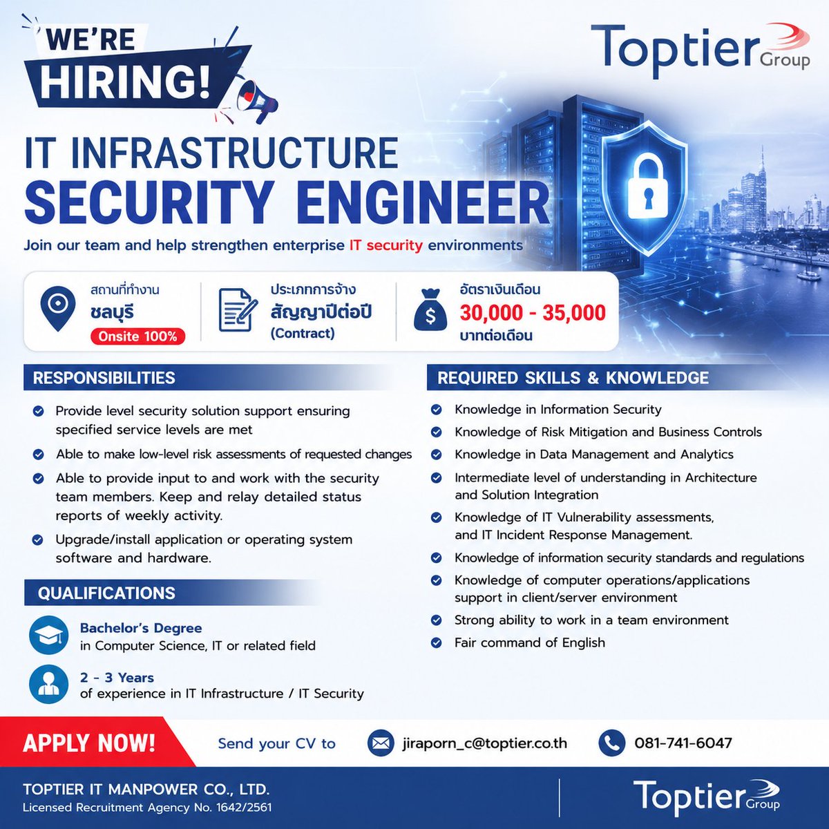jobitcontractor's tweet photo. 📩 **Apply Now**
**Jiraporn Changsamlee**
TOPTIER IT MANPOWER CO., LTD.
Licensed Recruitment Agency No. 1642/2561
📱 Mobile: **081-741-6047**
📧 Email: **[jiraporn_c@toptier.co.th]

#Hiring #ITInfrastructure #InfrastructureEngineer #InformationSecurity #CyberSecurity #ITSecurity https://t.co/7lOHUyM2a1