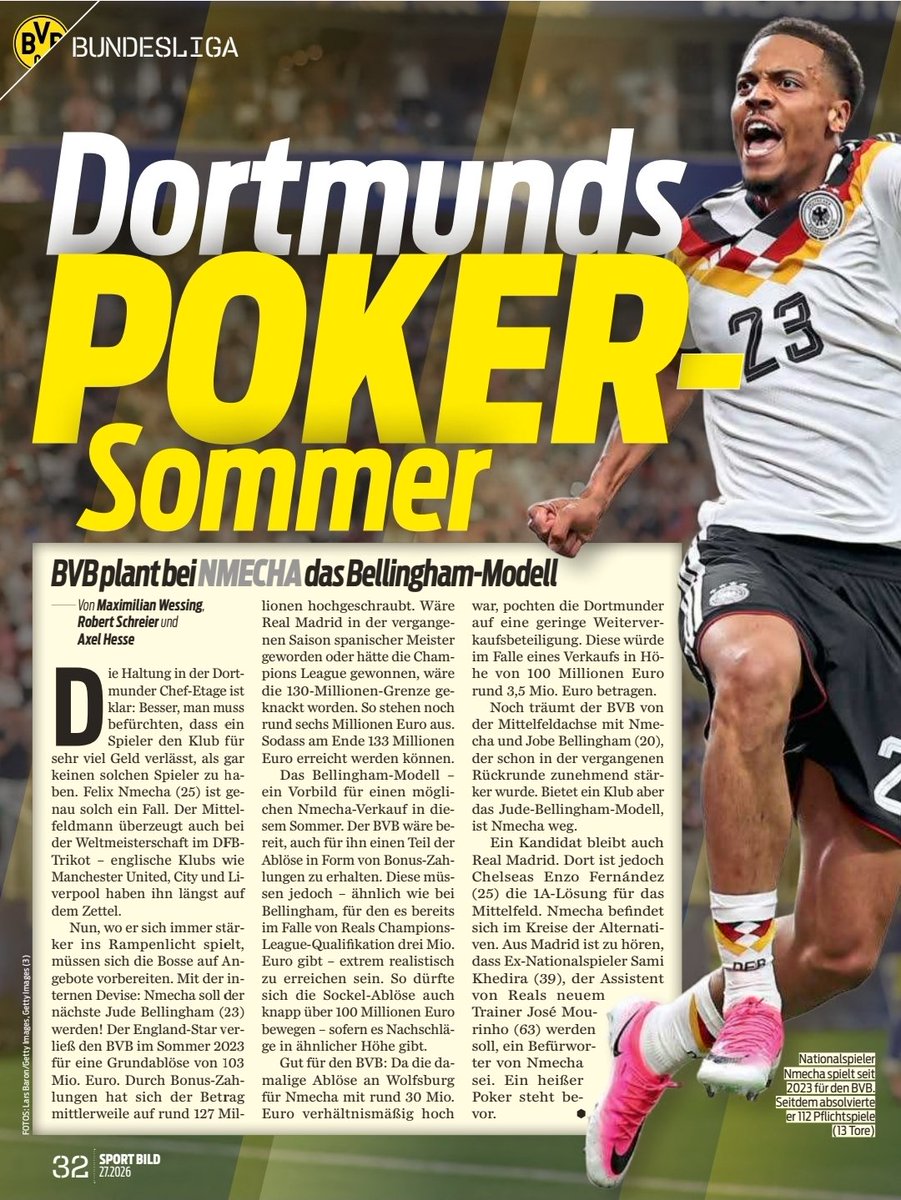 BehVauBehNews's tweet photo. Beitrag aus der Sport Bild (01.07.26) 
#bvb #dortmund  #Bundesliga #borussia #bellingham #asllani  #FIFACWC #sancho #FIFAWorldCup #kovac #schlotterbeck #Kovac #adeyemi  #Guirassy #westfalenstadion  #kicker #ChampionsLeague #reggiani #ricken #nrw #signalidunapark #reus #prates https://t.co/HPYmwOrhih