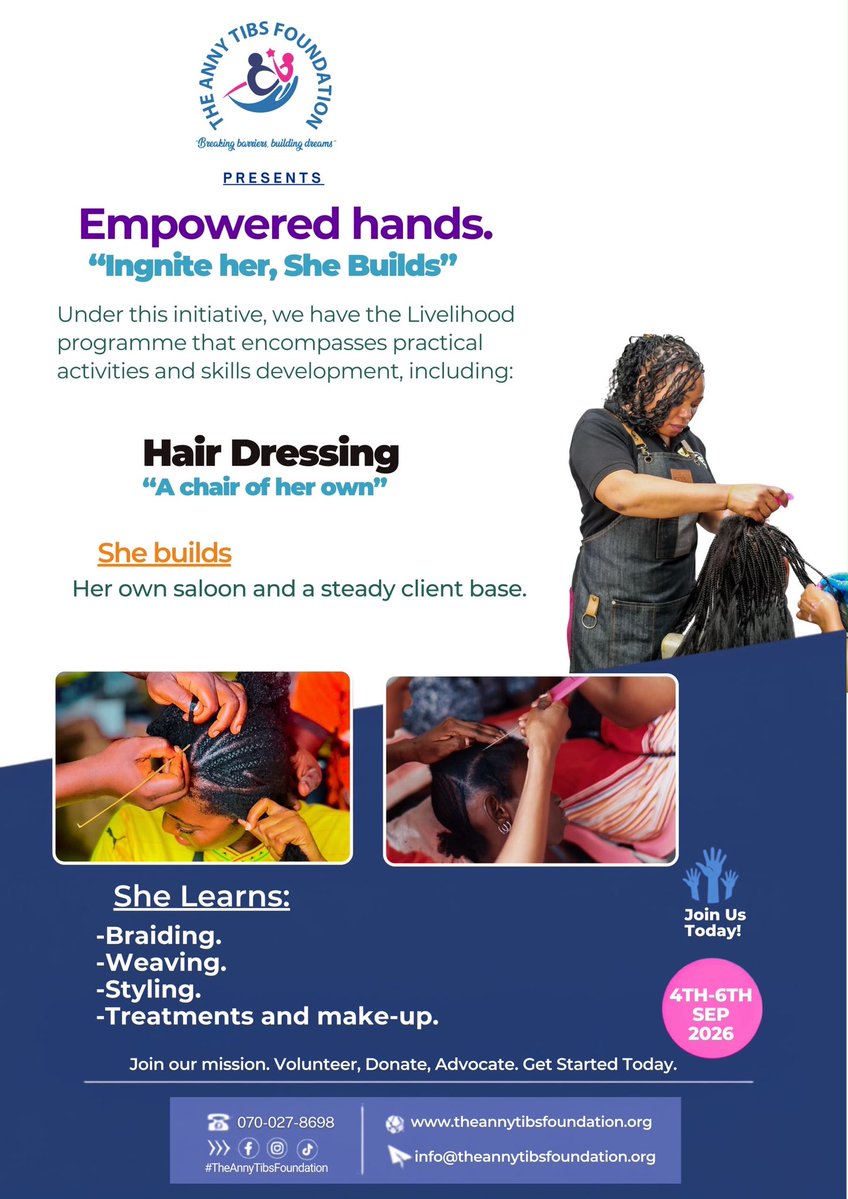 TheAnnyTibsFdn's tweet photo. Empowered Hands | Ignite Her, She Builds 💜

Empowering women through practical hairdressing skills that inspire confidence, independence and sustainable livelihoods.

📅 4th–6th September 2026

Join us by volunteering, donating or advocating for lasting change.

#TheAnnyTibsFoundation #EmpoweredHands #IgniteHerSheBuilds #WomenEmpowerment #SkillsForLife
