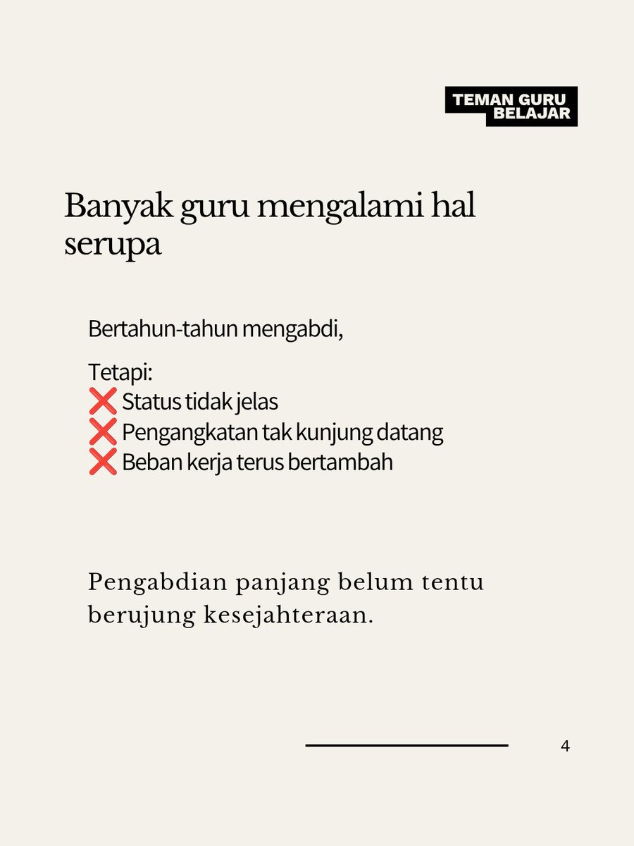 daniellsinaga_'s tweet photo. "Guru bukan belum sejahtera. Guru dimiskinkan." 

Kalimat ini mungkin terdengar keras. Namun, bagi banyak guru di Indonesia, ini adalah kenyataan yang mereka hadapi setiap hari. 

Di tengah berbagai upaya meningkatkan kualitas pendidikan, masih ada guru yang harus menghadapi berbagai pungutan, iuran wajib, hingga kebijakan yang dibuat tanpa melibatkan suara mereka. 

Padahal, pendidikan yang bermutu tidak lahir dari guru yang hanya diperintah.