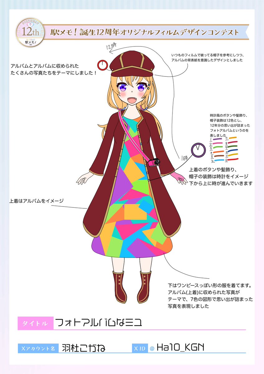 Ha10_KGN's tweet photo. ミユちゃんらしく写真をテーマにしたものにしたい！
ということでフォトアルバムをテーマにアルバムとアルバムに収まりきらないほどの写真を表現したフィルムを自分なりに表してみました…！
#駅メモ12周年デザインコンテスト https://t.co/WnnYPJmj8H