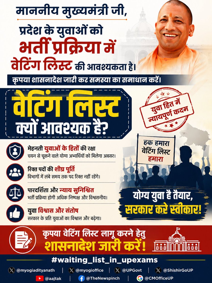 Ritik30062000's tweet photo. माननीय मुख्यमंत्री जी प्रदेश के युवाओं को भर्ती प्रक्रिया में वेटिंग लिस्ट की आवश्यकता है। कृपया शासनादेश जारी कर समस्या का समाधान करें।
#waiting_list_in_upexams 
@myogiadityanath @myogioffice @UPGovt @ShishirGoUP
@aajtak 
@TheNewspinch 
@CMOfficeUP https://t.co/BrBW4PfZCV