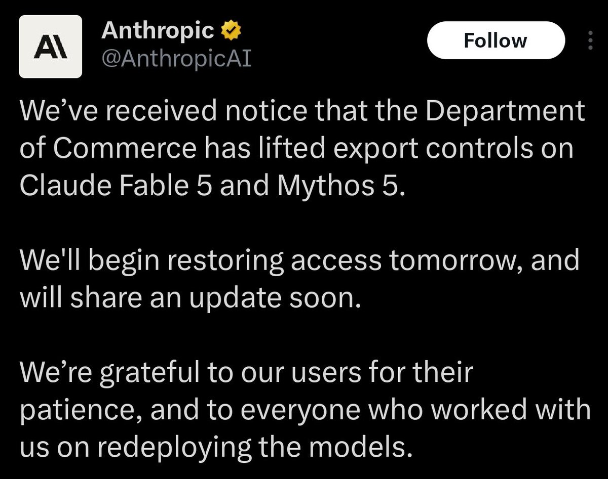 CryptooIndia's tweet photo. BREAKING: 🇺🇸 U.S. lifts export controls on Anthropic's Claude Fable 5 and Mythos 5 AI models. https://t.co/CCvi6F1NqE