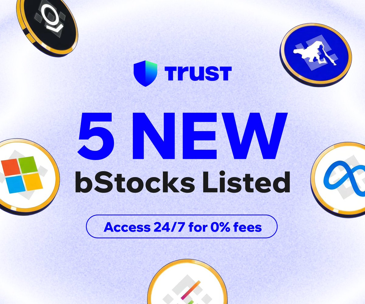 TrustWallet's tweet photo. 5 new bStocks just landed

→ LITEB

→ METAB

→ MSFTB

→ PLTRB

→ QQQB

Access tokenized stocks 24/7 with 0% trading fees.

Available in supported jurisdictions. Terms apply.
