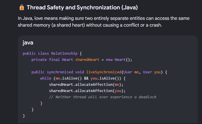 Zyra_exe's tweet photo. I searched Google if you could write love in code, what it would be? Gemini's answer was so beautiful. Wow. 
Part 1 https://t.co/Ymcya4Y0dg