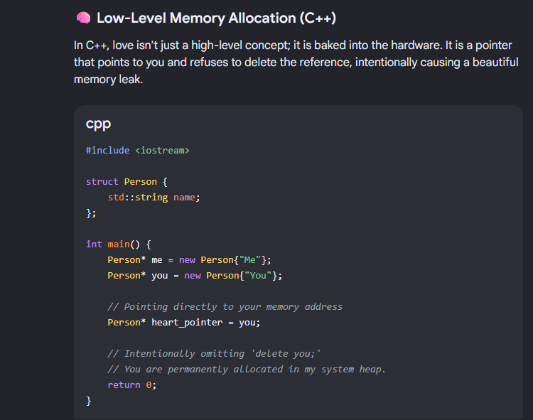 Zyra_exe's tweet photo. I searched Google if you could write love in code, what it would be? Gemini's answer was so beautiful. Wow. 
Part 1 https://t.co/Ymcya4Y0dg