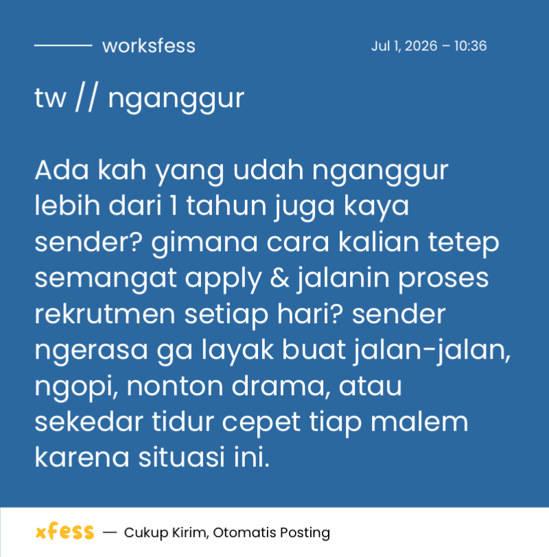 worksfess's tweet photo. tw // nganggur

Ada kah yang udah nganggur lebih dari 1 tahun juga kaya sender? gimana cara kalian tetep semangat apply &amp; jalanin proses rekrutmen setiap hari? Ada yang ngerasa kaya sender ga? work! https://t.co/hQb1Rw8m3V