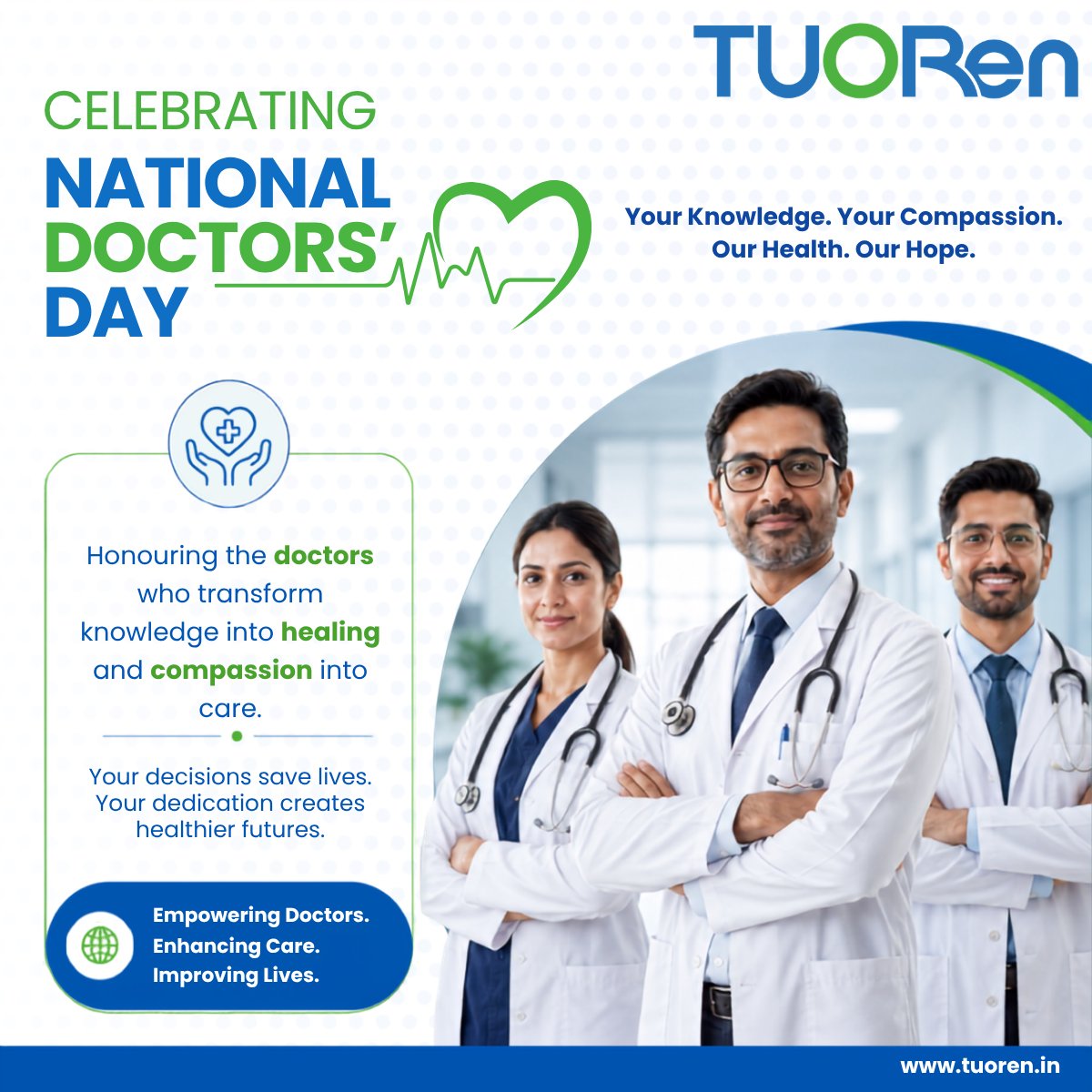TuorenI's tweet photo. Today, we celebrate the dedication, compassion, and resilience of every doctor who works tirelessly to improve and save lives.  
Happy National Doctors' Day! 
 #NationalDoctorsDay #DoctorsDay #ThankYouDoctors #Healthcare #PatientCare #MedicalProfession #TuorenMedicalIndia https://t.co/H4Wdm4wx1a