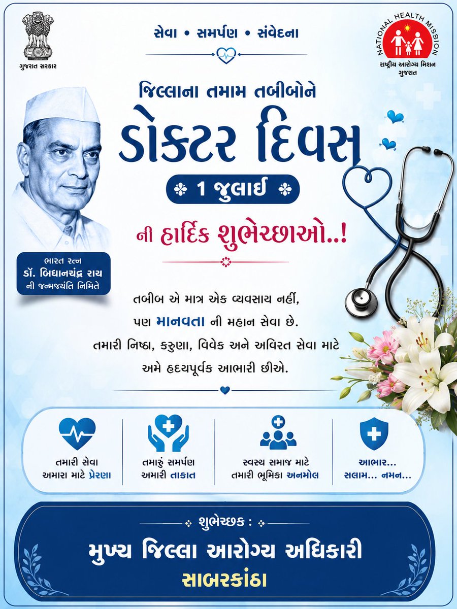 CdhoSabarkantha's tweet photo. જિલ્લાના તમામ તબીબોને ડોક્ટર દિવસ (1 જુલાઈ) ની હાર્દિક શુભેચ્છાઓ..!💐💐
તબીબી માત્ર વ્યવસાય નહીં, પરંતુ માનવતાની મહાન સેવા છે.🙏
આપની નિષ્ઠા, કરુણા અને અવિરત સેવાભાવ માટે દિલથી આભાર અને અભિનંદન.. 🎉🎊💐
#DoctorsDay #Sabarkantha #RespectDoctors
#healthcare https://t.co/QhQSOEGTNc