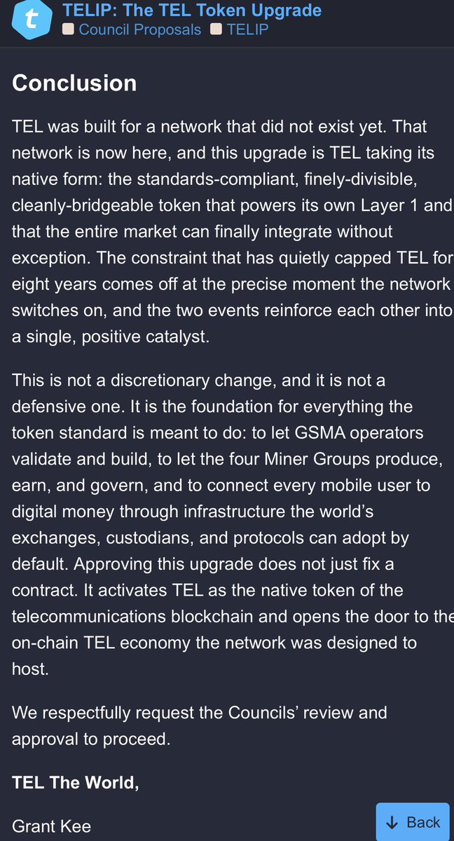 AngelofYHVH's tweet photo. TELIP: The TEL Token Upgrade

Activating TEL as the Native Token of Telcoin Network

This TELIP proposes the development, third-party security assessment, and deployment of the native TEL token contract and its supporting upgrade contracts across Ethereum, Polygon, Base, and Telcoin Network, in coordination with Telcoin Network mainnet launch.

In exchange for approving this upgrade, the ecosystem receives the following:

1. A standards-compliant, 18-decimal TEL token that every exchange, decentralized exchange, lending market, aggregator, bridge, and institutional custodian in the EVM ecosystem can list and integrate by default, with no bespoke engineering.

2. TEL activated as the native gas token of Telcoin Network at genesis, creating recurring, structural, on-chain demand for TEL for the first time.

3. A single, unified contract address across all supported chains, with mint and burn capability and clean cross-chain liquidity, using Telcoin Network as the source of truth for total supply.

4. A direct community voice in the upgrade, through ratification of the downstream constitutional amendment that records the upgraded TEL as the canonical TEL going forward.

Conclusion

TEL was built for a network that did not exist yet. That network is now here, and this upgrade is TEL taking its native form: the standards-compliant, finely-divisible, cleanly-bridgeable token that powers its own Layer 1 and that the entire market can finally integrate without exception.
