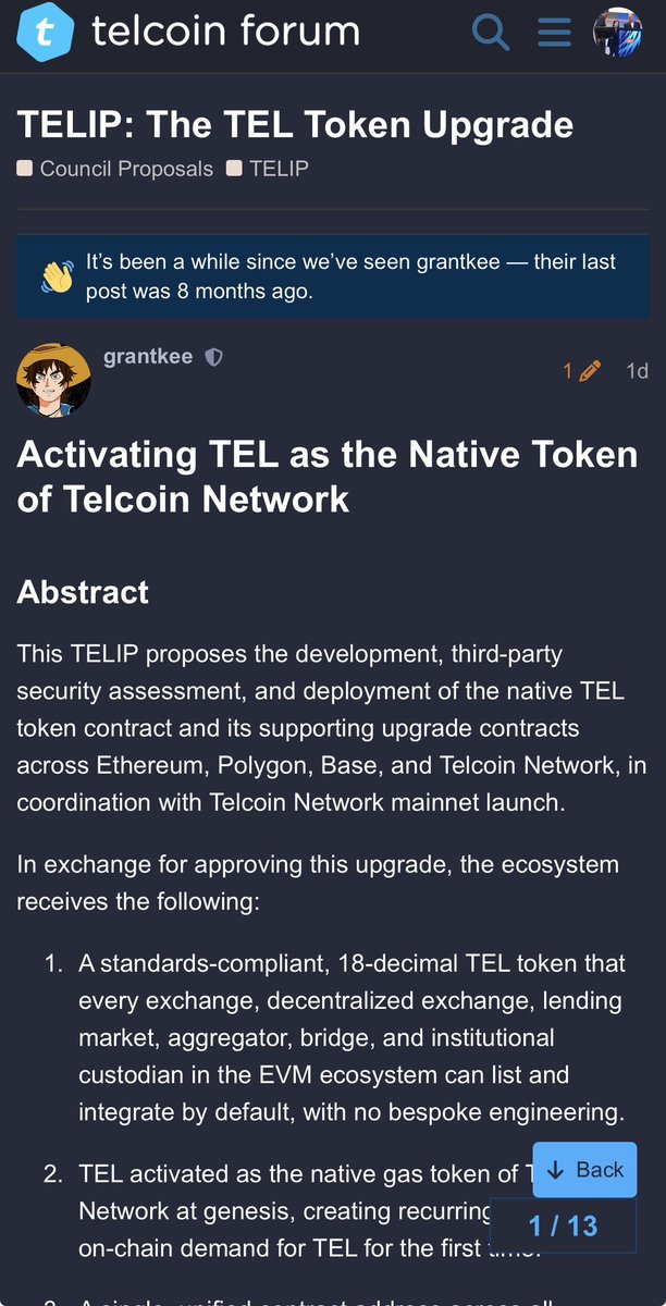 AngelofYHVH's tweet photo. TELIP: The TEL Token Upgrade

Activating TEL as the Native Token of Telcoin Network

This TELIP proposes the development, third-party security assessment, and deployment of the native TEL token contract and its supporting upgrade contracts across Ethereum, Polygon, Base, and Telcoin Network, in coordination with Telcoin Network mainnet launch.

In exchange for approving this upgrade, the ecosystem receives the following:

1. A standards-compliant, 18-decimal TEL token that every exchange, decentralized exchange, lending market, aggregator, bridge, and institutional custodian in the EVM ecosystem can list and integrate by default, with no bespoke engineering.

2. TEL activated as the native gas token of Telcoin Network at genesis, creating recurring, structural, on-chain demand for TEL for the first time.

3. A single, unified contract address across all supported chains, with mint and burn capability and clean cross-chain liquidity, using Telcoin Network as the source of truth for total supply.

4. A direct community voice in the upgrade, through ratification of the downstream constitutional amendment that records the upgraded TEL as the canonical TEL going forward.

Conclusion

TEL was built for a network that did not exist yet. That network is now here, and this upgrade is TEL taking its native form: the standards-compliant, finely-divisible, cleanly-bridgeable token that powers its own Layer 1 and that the entire market can finally integrate without exception.