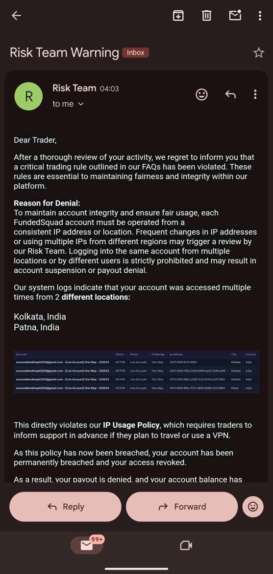 theproptimes's tweet photo. 🚨 How many payout denials does it take before traders start asking serious questions?

Another trader. Another rejected payout.

This time it’s @S0uravfx, someone with a proven payout history across multiple prop firms and no previous IP-related issues.

According to the trader, @fundedsquad denied a $929.78 payout over an alleged IP policy violation.

If a payout is rejected for a technical reason, traders deserve more than a generic explanation. Transparency matters. Clear evidence builds trust. Vague responses only create more doubt.

Risk policies should protect firms from abuse, not leave genuine traders questioning whether they’ll ever get paid.

@fundedsquad, the community is paying attention. A clear public response would go a long way.

@ajwadthefalcon @Billfundedsquad @researcher139 @SKYFundedSquad @tricolof1 @cryptoparida Kindly resolve this issue