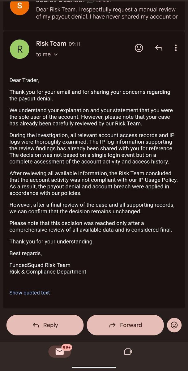theproptimes's tweet photo. 🚨 How many payout denials does it take before traders start asking serious questions?

Another trader. Another rejected payout.

This time it’s @S0uravfx, someone with a proven payout history across multiple prop firms and no previous IP-related issues.

According to the trader, @fundedsquad denied a $929.78 payout over an alleged IP policy violation.

If a payout is rejected for a technical reason, traders deserve more than a generic explanation. Transparency matters. Clear evidence builds trust. Vague responses only create more doubt.

Risk policies should protect firms from abuse, not leave genuine traders questioning whether they’ll ever get paid.

@fundedsquad, the community is paying attention. A clear public response would go a long way.

@ajwadthefalcon @Billfundedsquad @researcher139 @SKYFundedSquad @tricolof1 @cryptoparida Kindly resolve this issue