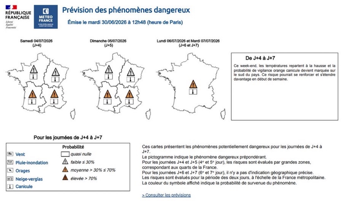 CerfiaFR's tweet photo. 🇫🇷🥵 FLASH | Météo France annonce que la France va "sans doute connaitre un nouvel épisode caniculaire à partir de ce week-end", notamment dans le Sud-Ouest. Les températures pourraient dépasser 35°C. https://t.co/F8t9YTw5Ld