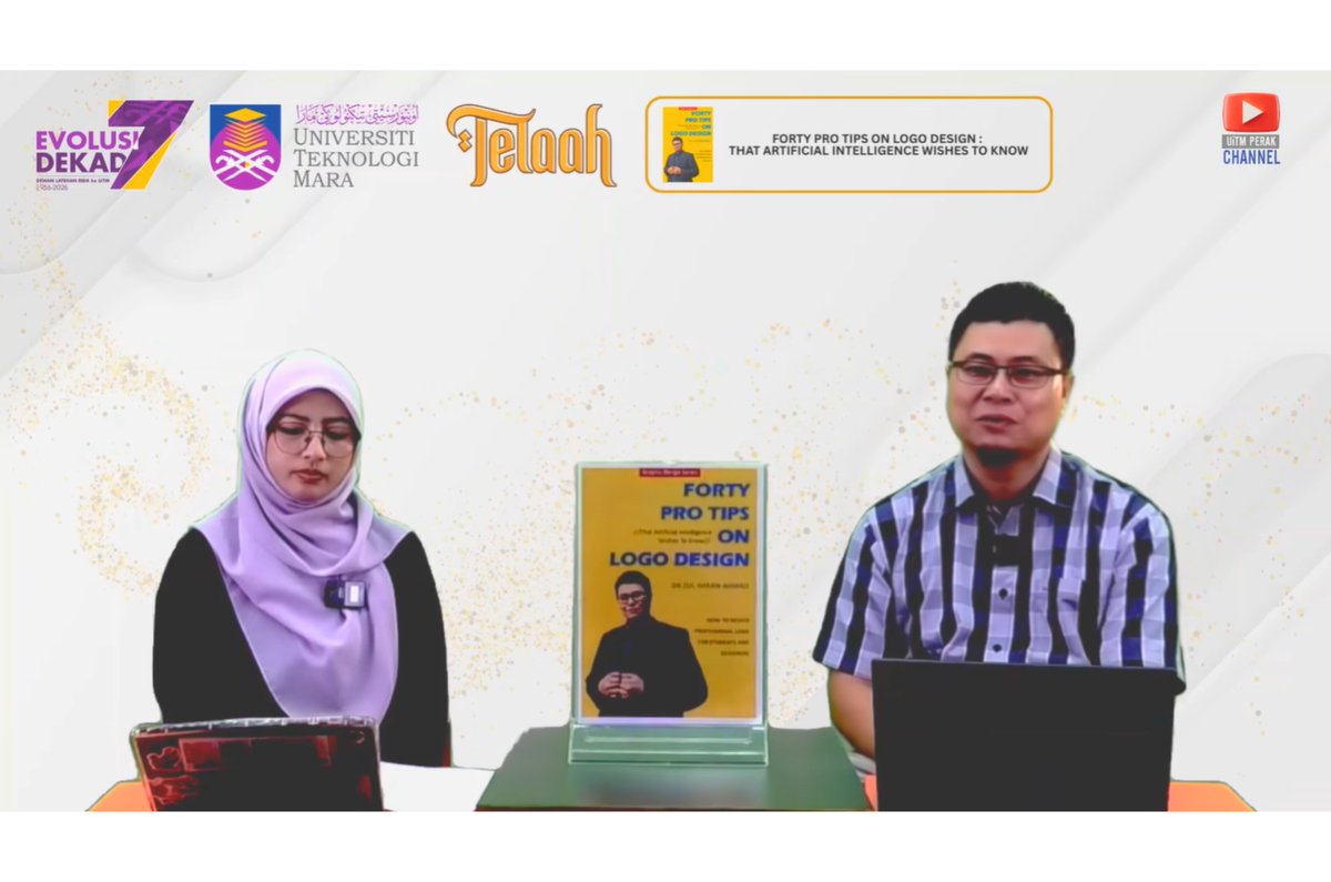 LibUiTMPerak's tweet photo. RESENSI BUKU: FORTY PRO TIPS ON LOGO DESIGN : THAT ARTIFICIAL INTELLIGENCE WISHES TO KNOW

Tarikh : 25 Jun 2026 (Khamis)
Masa : 10.00 pagi – 11.00 pagi
Platform : Youtube UiTM Perak Channel

Laporan penuh : https://t.co/NJilvK49n8 https://t.co/XUFtMMnOQB