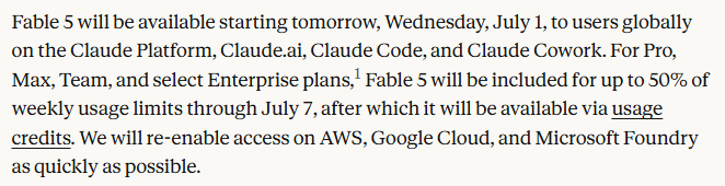 FixlationAI's tweet photo. @AnthropicAI Fable 5 will only be included for up to 50% of your weekly usage limits 😶

And it’s only available on plans for 6 days before being removed on July 7, then it becomes credits-only.. https://t.co/7g8zeVtA3v