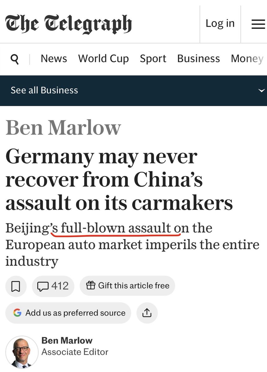 Glenn_Diesen's tweet photo. The US ended Germany access to cheap energy by destroying Nord Stream and then provided economic incentives for the struggling German industries to relocate to the US. However, our "journalists" can inform us the problem is a "full-blown assault" by China. https://t.co/7UyyxIfpYt