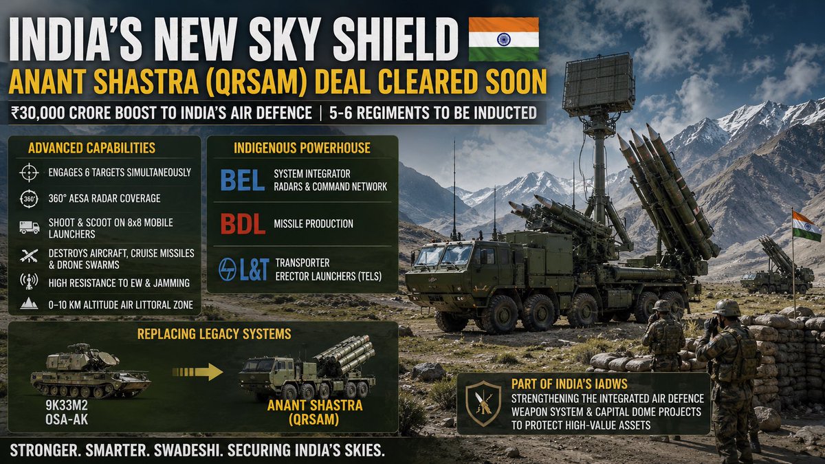 DefenseNewsIN's tweet photo. 🇮🇳 BIG: India’s mobile air defence is entering a new era.

The Army is set to induct Anant Shastra (QRSAM) under a ₹30,000 crore deal, replacing legacy Soviet-era Osa-AK systems with a fully indigenous, network-centric shield.

Key capabilities:
🔹 Engage 6 targets simultaneously
🔹 360° AESA radar coverage
🔹 Shoot-and-scoot capability on 8×8 mobile launchers
🔹 Defeats aircraft, cruise missiles & drone swarms
🔹 High resistance to electronic warfare & jamming

🇮🇳 Made in India team:
• BEL – System integrator, radars & command network
• BDL – Missile production
• L&T – Transporter Erector Launchers (TELs)

Planned induction of 5–6 regiments will strengthen the Integrated Air Defence Weapon System and provide a major boost to India’s multi-layered air defence architecture. 🚀🛡️