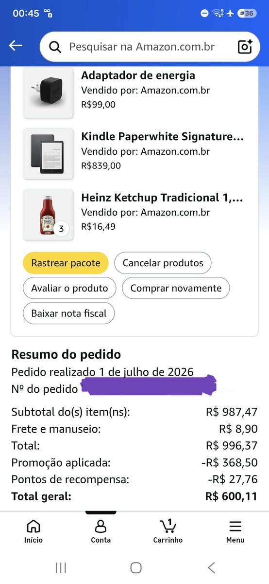 bomorais's tweet photo. @studywithmoon @JessicaT_Gama @amazonbrasil Meu kindle com 2 anos deu ruim, então meu crédito era na minha conta antiga. Na minha consegui usar o crédito de 250 da Amazon e os 100 da prime. O paperwhite tá 834. Comprei o adaptador do carregador e ketchup tbm. No do  esposo funcionou o cupom, mas num tinha o crédito lá né https://t.co/zePEs1mWB1