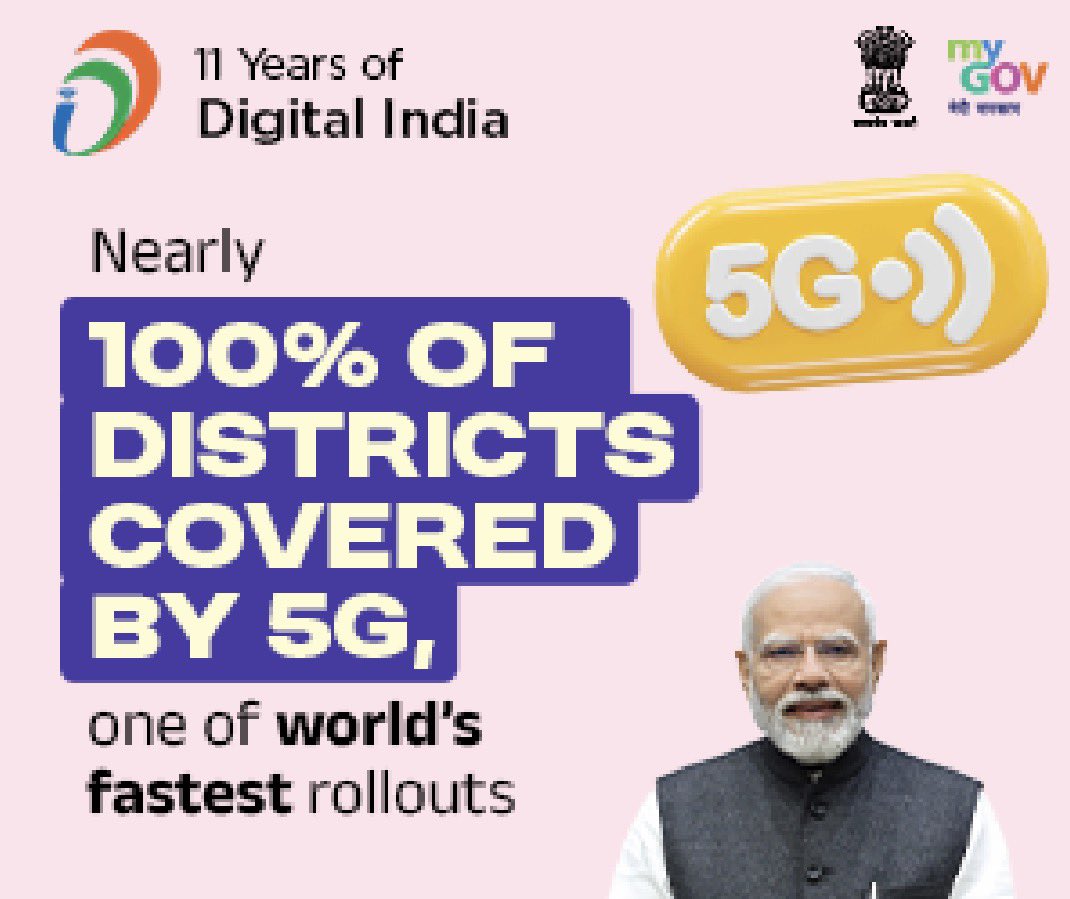 BesuraTaansane's tweet photo. Digital India has been one of PM @narendramodi ji’s greatest achievements that has not only transformed the way Indians go about their daily lives, conduct their business & connect with each other but also made the world look at India in awe & amazement 

Some key highlights which everyone, especially our GenZ should know 

1)100% districts covered by 5G
2)49+ Crore Indians using UPI
3)70+ Crore Indians using Digilocker
4)2.2 lakh village panchayats connected with high speed internet 

#11YearsOfDigitalIndia
