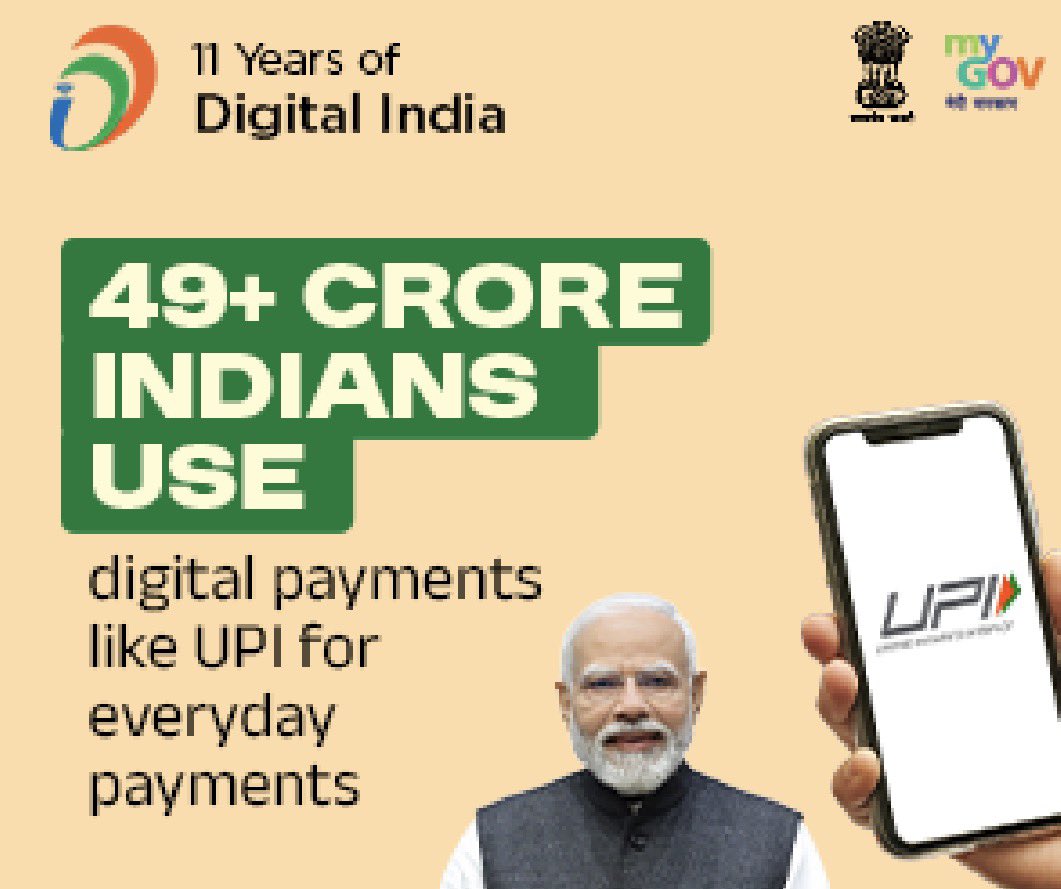 BesuraTaansane's tweet photo. Digital India has been one of PM @narendramodi ji’s greatest achievements that has not only transformed the way Indians go about their daily lives, conduct their business & connect with each other but also made the world look at India in awe & amazement 

Some key highlights which everyone, especially our GenZ should know 

1)100% districts covered by 5G
2)49+ Crore Indians using UPI
3)70+ Crore Indians using Digilocker
4)2.2 lakh village panchayats connected with high speed internet 

#11YearsOfDigitalIndia