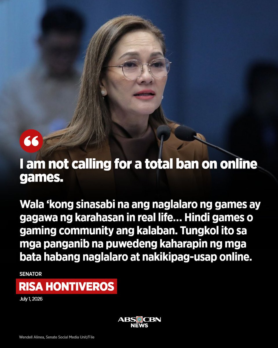 ABSCBNNews's tweet photo. Nilinaw ni Senador Risa Hontiveros na pag-iwas sa panganib na puwedeng kaharapin ng mga bata habang naglalaro ng online games ang layunin ng kanilang pagdinig sa Senado at hindi ang total ban sa mga ito. https://t.co/b3kn2Gjytf