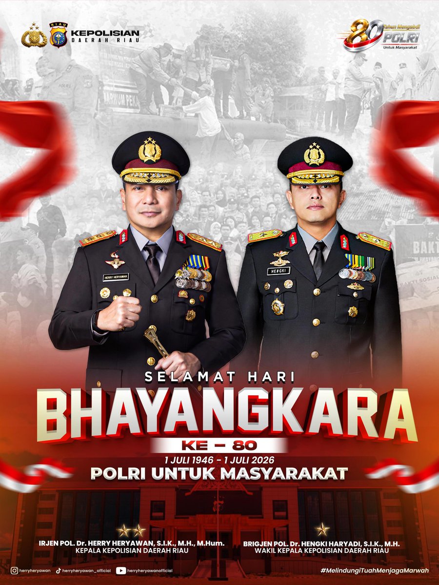 GeganaRiau's tweet photo. DIRGAHAYU KEPOLISIAN NEGARA REPUBLIK INDONESIA KE-80

Delapan puluh tahun adalah perjalanan panjang pengabdian, yang ditempa oleh tantangan, diperkuat oleh reformasi, dan terus bertumbuh melalui kepercayaan masyarakat. https://t.co/aCJY6SF7Hp