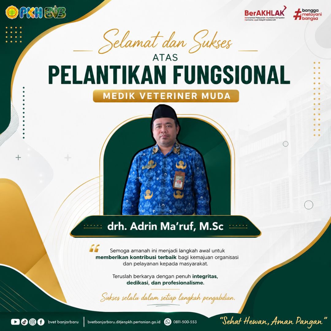 bvetbjb's tweet photo. Hai #SanakVeteriner 🖐🏻

🎉 Selamat dan Sukses atas Pelantikan Fungsional 🎉
Keluarga besar Balai Veteriner Banjarbaru mengucapkan selamat dan sukses kepada:

drh. Adrin Ma'ruf, https://t.co/qruPctVmqU
sebagai Medik Veteriner Muda https://t.co/sjRtNigKjS