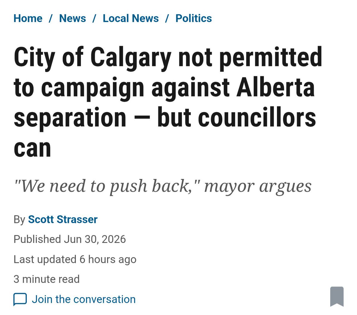 JeromyYYC's tweet photo. Given the economic damage Alberta separation would cause Calgary, staying silent is not an option. I believe municipalities should be allowed to tell residents what the evidence says. I'm calling on the Province to remove the restrictions so cities can commission and share independent, fact based research on the local impacts of separation.

We are also seeing coordinated foreign interference and disinformation designed to fuel division. Calgary's future depends on stability, investment, and public confidence. We are ready to help get credible information into the hands of Calgarians. The Province should let us.