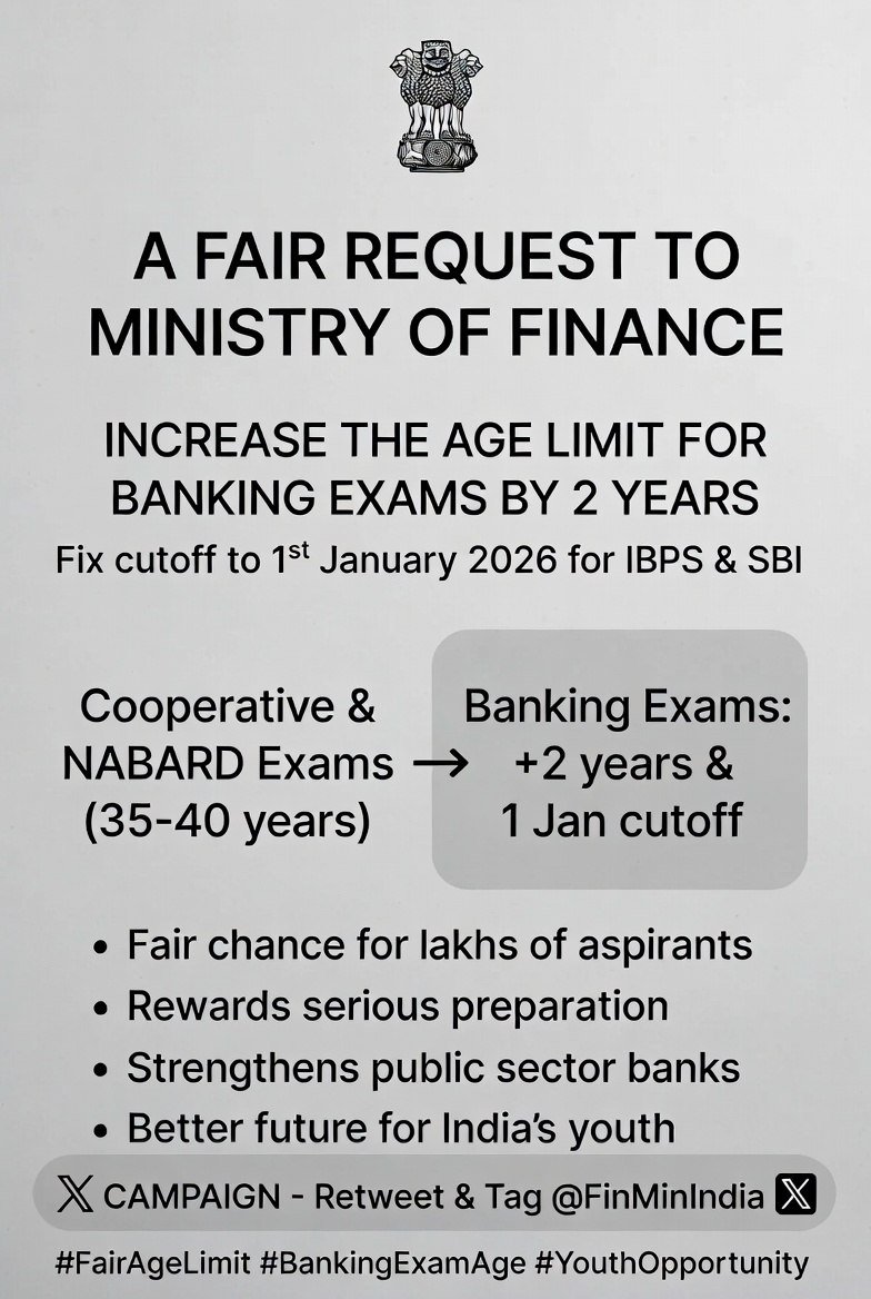 Priya2070's tweet photo. A small administrative change can bring relief to thousands of aspirants. Standardize the age cutoff date now.
#FixIBPSAgeCutoffTo1stJan #AgeRelaxation #EqualOpportunity
@PMOIndia @FinMinIndia @DFS_India @ibps_official @nsitharaman https://t.co/Xm1C2ul5WU