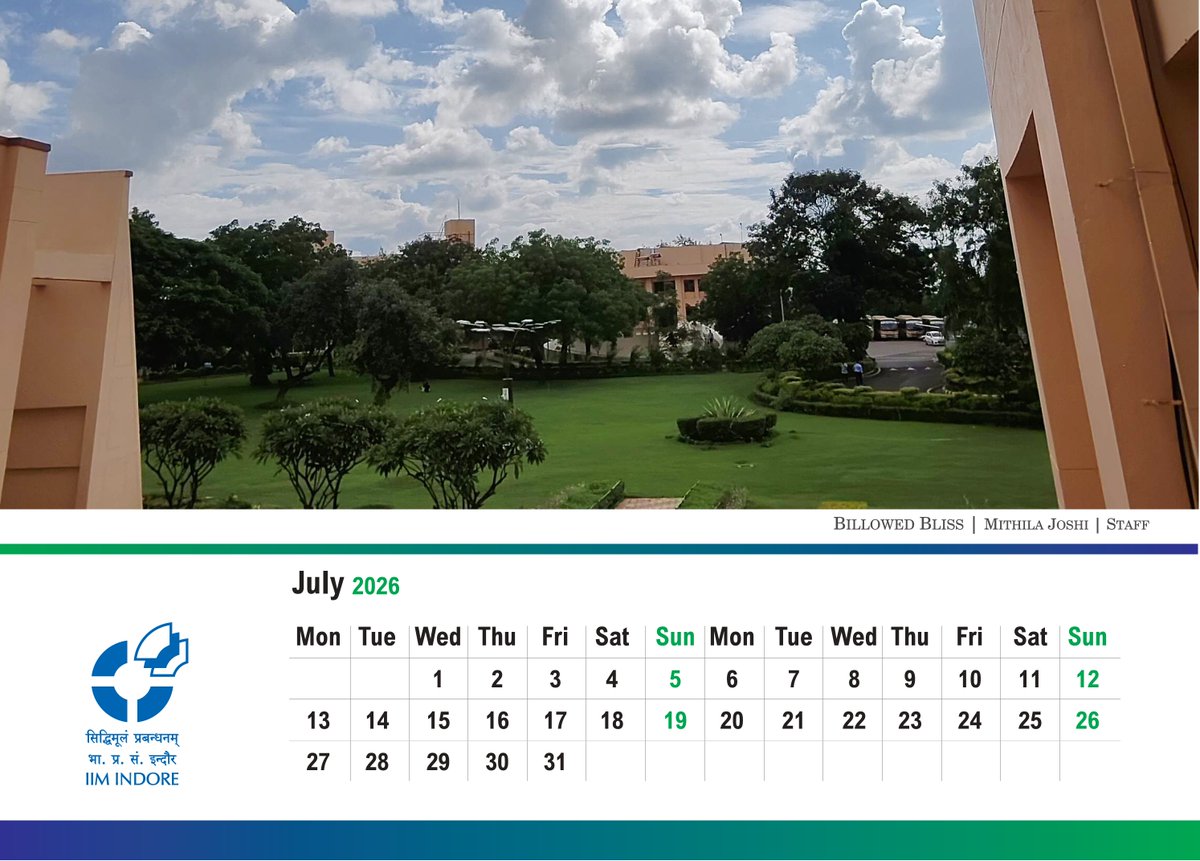 IIM_I's tweet photo. #Calendar | Billowed Bliss

The greenery, the clouds, and the magic! 

Click for IIM Indore's Calendar 2026, for the month of  July, captured by Mithila Joshi (Staff).

#IIMIndore #July #Sky #Clouds @askhimanshurai https://t.co/s0eF0NmEf3