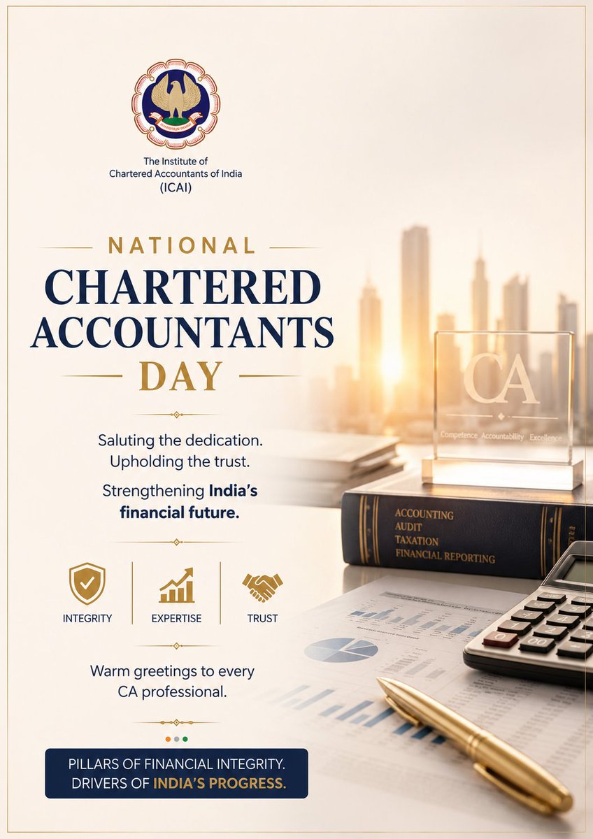 sureshpprabhu's tweet photo. On Chartered Accountants Day, warm greetings to every CA professional the true pillars of financial integrity and economic progress. 🇮🇳

As a Chartered Accountant, I deeply understand the rigour, discipline and sense of responsibility that this noble profession demands. The CA community is not merely a group of financial professionals they are the backbone of India's economic ecosystem, ensuring transparency, accountability and trust at every level of commerce and governance. Their expertise plays a vital role in strengthening businesses, enabling informed policy decisions and driving India's journey towards greater economic prosperity.

Wishing all CA professionals continued success, growth and excellence in their noble profession. 🙏🏻🇮🇳

@theicai

#NationalCharteredAccountantsDay #CADay #ICAI