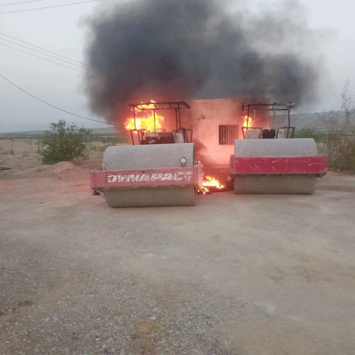 Info_Balochistn's tweet photo. #Attack_Updates_Pashtun_Belt: Armed men attacked and torched machinery being used for a development project parked inside grid station near Dukki city Cross on the main Kohlu Road #Dukki town of #Balochistan, no casualty reported in this regard. https://t.co/8GMNXoR4tM