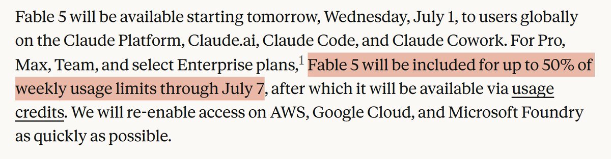 aipulseda1ly's tweet photo. Fable 5 rug pulled for 18 days.

Comes back tomorrow, included for one week, capped at 50% of your usage, then you pay credits.

Gone 18 days, back for 7, and you only get half. this is the welcome back? https://t.co/A7ky7DkRfo