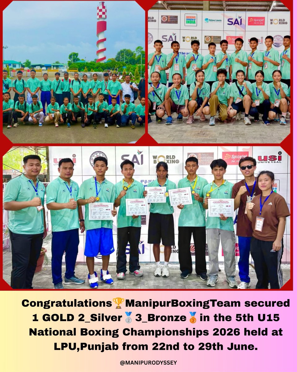 ManipurOdyssey's tweet photo. Congratulations to Team #Manipur!
A proud performance at the 5th U-15 National Boxing Championships 2026 held at LPU, Punjab (22–29 June), winning 2 Silver and 3 Bronze medals.
Keep punching, champions!
#Manipur #U15Boxing #TeamManipur #YouthSports #Ethanol #MumbaiRains https://t.co/epnBVw3MmO