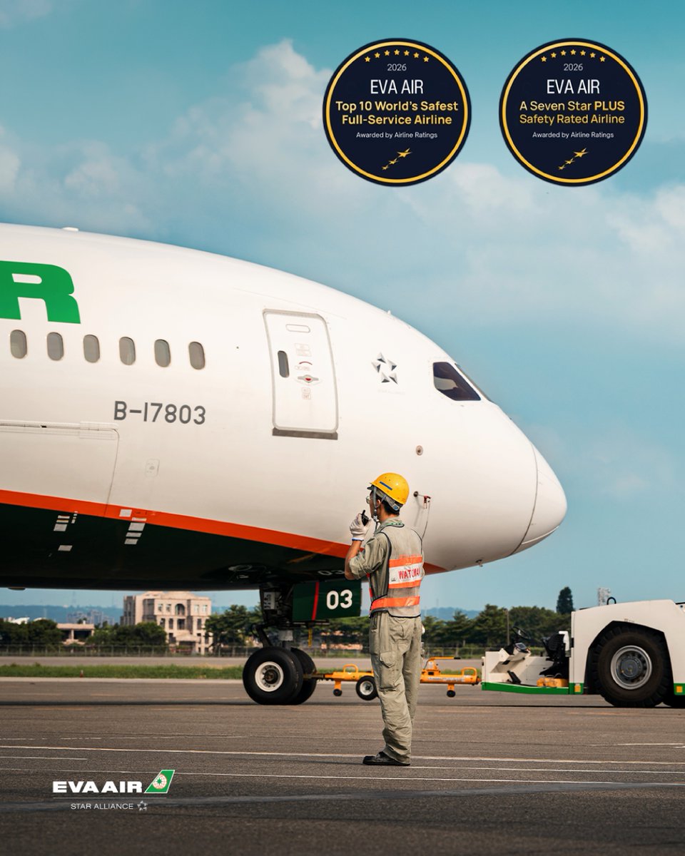 EVAAirUS's tweet photo. Did you know you're traveling with one of the world's safest airlines? ✈️

Proud to be recognized with the Seven Star PLUS Safety Rating and ranked among the World's Top 10 Safest Airlines for 2026.

#EVAAir #AirlineRatings #Aviation #TravelWithConfidence #FlyWithEVA https://t.co/J7oQQXVYr9